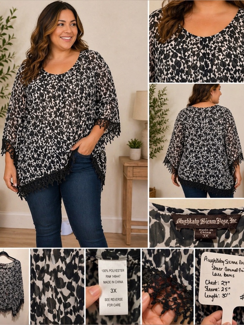 Aughkaby Sienna Rose Inc Sheer‎ Animal Print 3X Lace Trim Top Blouse Kimono